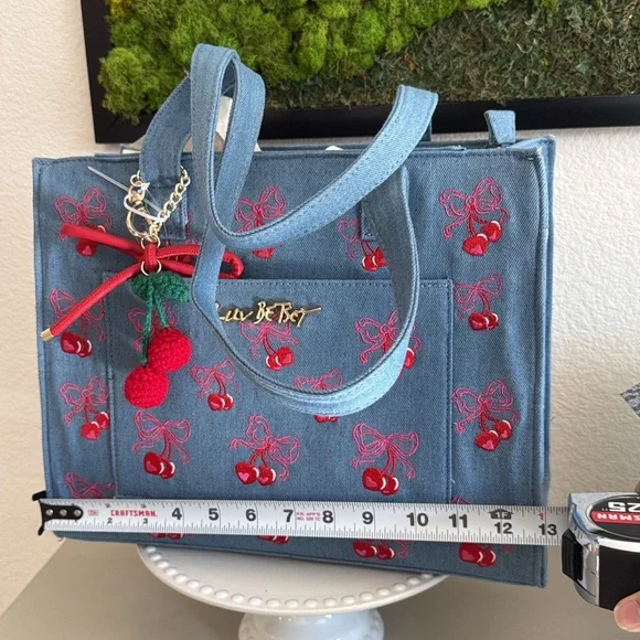 Betsey Johnson Blue Denim Tote with Red Cherry Embroidery - Picture 3 of 5